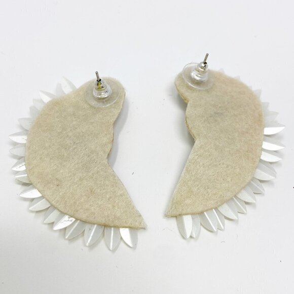 White Cream Beaded Crystal Geometric Semicircle Fan Statement Earrings - Picture 3 of 6
